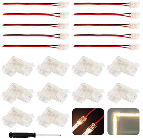 CJMUQHEHH 20 Stück COB LED Streifen Verbinder, Lötfreies LED Stecker 2 Polig für 8mm Breite COB 2 Pin, 10 Pcs Eckverbinder & 10 Pcs Transparente Mittelverbinder Streifen Verbinder für 12V/24V