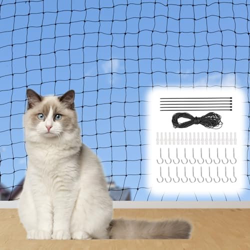 Katzennetz für Balkon, 3x8m Katzennetz Drahtverstärkt Ohne Bohren, Katzenschutznetz Schwarz, Balkonnetz für Katzen zur Sicherung von Balkon, Terrassen, Fenstern, Türen, Zäune