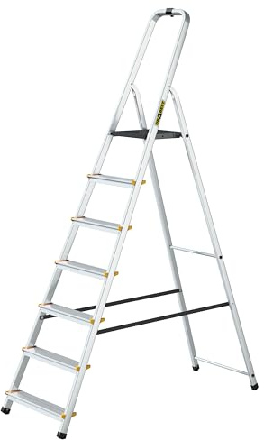 Drabest - PRO Haushaltsleiter - Stehleiter - 7 Stufen - Arbeitshöhe 3,40m - Klappleiter aus Aluminium, max. 150 kg, mit Praktischem Haken - Aluleiter mit Plattform 25x26 cm, rutschfeste Füßen