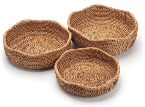 GREOHNMPAW Rattan Bread Baskets Round Woven Fruit Bowls Key Holders Stackable for Storage, Snack, Fruit, Vegetable Natural Set of 3