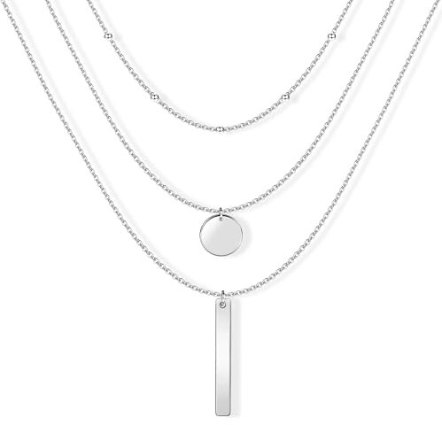 Layered Halskette Silber Damen Herren, Silberkette Runde Anhänger Bar Anhänger Mehrschichtige Halskette Triple Ketten Lange Halskette Layered Kette Halskette Set Modeschmuck für Frauen und Mädchen