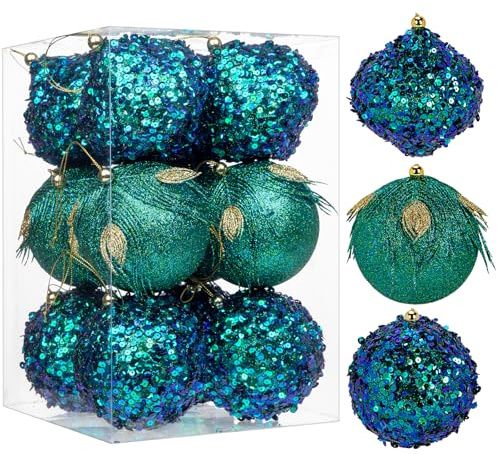Briful 3.93'' Christmas Ball Ornaments Xmas Tree Decorations, Elegant Peacock Blue Christmas Ornaments for Home Decor Indoor Garland Holidays – Set of 12 Unique
