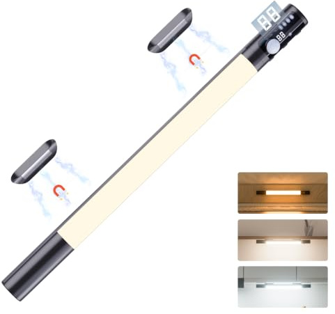 Quntis 38cm Schrankbeleuchtung Kabellos mit Anzeige & Bewegungsmelder 3 Farben Unterbauleuchte Küche LED Schranklicht Dimmbar 2000mAh USB Lichtleiste Flur Bad Keller Kleiderschrank Zimmer Schwarz