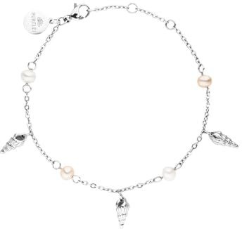 Purelei® Akala Armband Damen – Mit Muschelanhängern & echten Süßwasserperlen – Edelstahl 18K vergoldet/rosé/silber – Verstellbar 16–19 cm – Wasserfest (Silver)