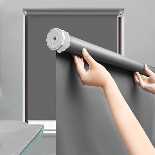 GOFOHIMI Estor Enrollable Sin Taladrar,Cortinas Opaco,Tela Poliéster Gris Oscuro,Persiana Térmica Blackout para Ventanas de Interior con Caden,Personalizadas,Ancho x Alto（55W x 100H cm）