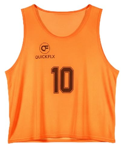 QUICKFLX Trainingswesten Set – 10er Fußball Leibchen mit Nummern (1-10) für Kinder & Erwachsene – Atmungsaktive Trikots inkl. Schiedsrichterkarte für Teamübungen