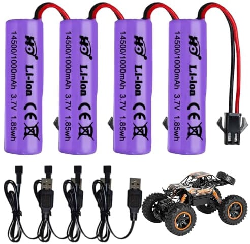 4 Stück 1000mAh 3.7V RC Akku, 3.7v Li-ion Akku, Wiederaufladbare Lithium-Ionen Batterie mit 4 USB Chargers SM-2P Plug, SM-2P Akku für Fahrzeuge, Boote, Panzer, Auto, Roboter, Stunt Car