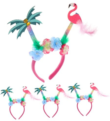 IMIKEYA 4pcs Hawaiian Party Headbands Flexible Luau Beach Costume Accessories with Flamingo and Palm Tree Design One Fits for Adults and Cosplay Celebration