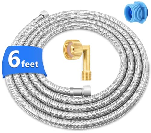 Dishwasher Water Supply Line - 6FT Foodgrade PEX Inner Hose with 3/4 Elbow | Stainless Steel Braided,Both End Brass 3/8 Comp Connections,Higher Smooth Water Flow;Include 3/8 x 3/4 FHT Brass Elbow