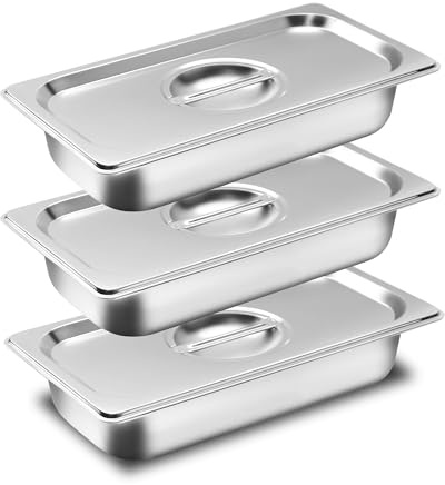 QinyOulhause Set 3 Ciotole per Impanare in Acciaio Inox GN 1/3 con Coperchio Contenitori Rettangolari per Carne Cotoletta e Preparazioni in Cucina 32,5 x 17,5 x 6,5 cm