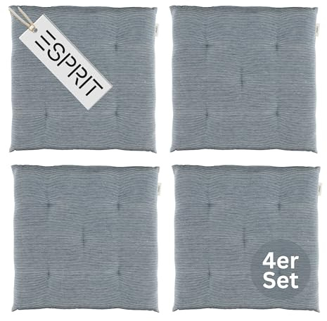 Esprit 4er Set Sitzkissen Stuhl 40x40cm Blau - Bequeme Stuhlkissen für Esszimmer & Küche - waschbar bis 30°C - Öko-Tex - Sitzauflage für Gartenmöbel, Sitzpolster, Bank, Bürostuhl & Boden
