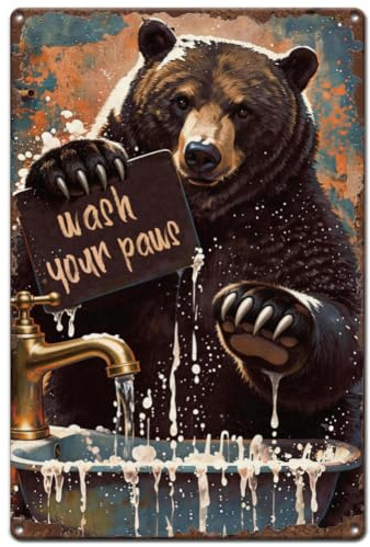 SUPERDANT Blechschilder Bär Blechschild Skurril Wash Your Paws Wandkunst Metallschild Lustiges Tier Blech Gemälde Badezimmer Garage Bar Zuhause Dekorative Geschenke Wanddekoration 20x30cm