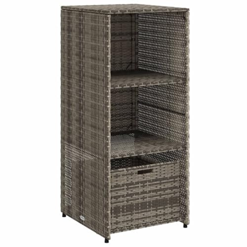 Gartenschrank Grau Poly Rattan mit 2 Böden und Schublade 50x55x115 cm wetterfest für Garten Balkon Terrasse robuster Stauraum für Kissen Auflagen Poolzubehör