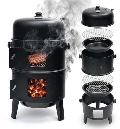 Relaxdays Smoker, 3 in 1, Grillen, Räuchern & Garen, schwarz | Thermometer & Luftabzug, Wasserschalen, Stahl, Räucherofen