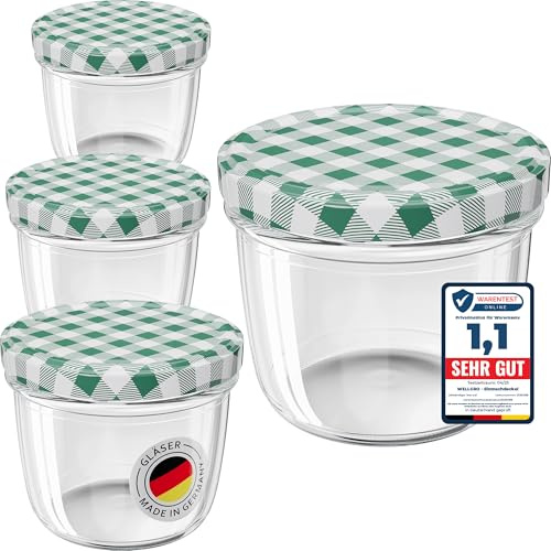 WELLGRO 12x Einmachgläser mit Schraubdeckel - 230 ml, 8,5 x 6,5 cm (ØxH), Glas/Metall, grün karierte Deckel To 82, Gläser Made in Germany