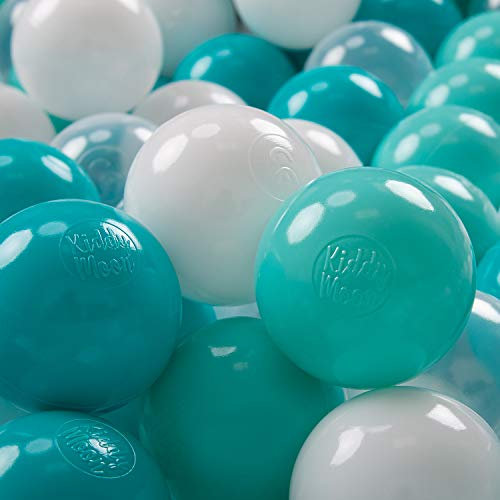 KiddyMoon 300 ∅ 7Cm Balles Colorées Plastique pour Piscine Enfant Bébé Fabriqué en EU, Turquoise Clair/Blanc/Transparent/Turquoise