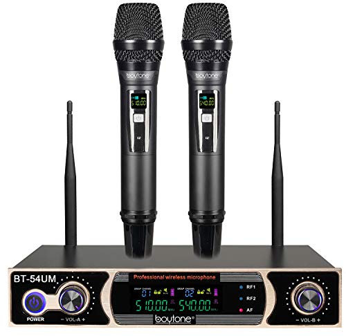 Boytone BT-54UM Dual Dynamic UHF Wireless Microphone System, Metal Microphone and Base, up to 200 FT