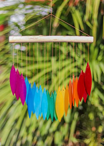 Rainbow Glass Wind Chime Recycled Glass and Bamboo Driftwood Garden Chime Hanging Outdoors Indoors Multicoloured Fairtrade Eco Friendly Handmade Fairtrade