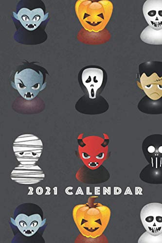 Calender 2021: Halloween Kalender 2021 / 2022, Moster, Hexe, Kürbis, Totenkopf - Notizbuch, Grusel Organizer, Terminkalender, kleines Format DIN A5, 100 Seiten,
