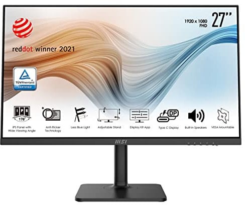MSI MD271P Monitor 27 FHD IPS (1920x1080), 5ms, 75Hz, stand regolabile in 4 direzioni, Eye-Care, montaggio VESA, porte USB Type-C e HDMI, Nero