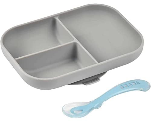 BÉABA Set Comida, Plato Compartimentado de Silicona con Ventosa + Cuchara de Silicona, Adhiere a la mesa/bandeja de la trona, Compatible con el microondas, Gris