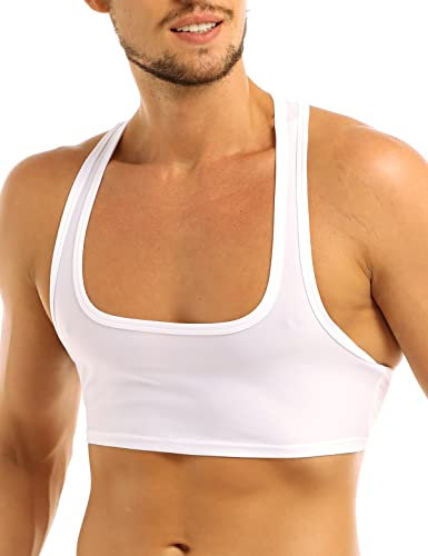 dPois Herren Tank Top Kurz Shirt Unterhemd Sexy Crop Top Bauchfrei mit Racer Back Slim Fit Muskelhemd Männer Sissy Bra Sport BH Dessous Weiß XL
