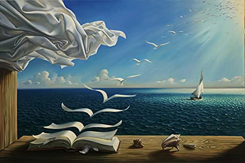 HONGC Tableaux sur Toile Salvador Dali Peinture à l'huile The Waves Livre Voilier Peintures murales Toile Affiches et Impressions Wall Art Photos Décoration de la Maison 40x60cm avec Cadre