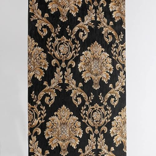 9.5X0.53M 5 Colors Luxury Gold Damask Waterproof Embossed Textured PVC Wallpaper Murals Roll for Bedroom Livingroom 1.73' W x 31.2' L=5.035㎡ (54sq.ft) (Black Gold)