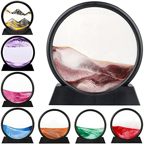 LINPING Fließendes Sandgemälde, bewegliches Sandkunstbild, rundes Glas, 3D-Tiefsee-Sandlandschaft in bewegter Anzeige,Sandrahmen, Heim- und Büro-Desktop-Dekorationen (braun, 12 Zoll)