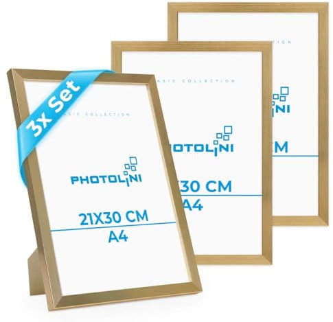 PHOTOLINI Bilderrahmen A4 Holz MDF Gold, 3er Set DIN A4 Bilderrahmen 21x30 gold, Rahmen 21x30 mit Acrylglas, picture frame zum Aufhängen & Aufstellen, Rahmen 30x21 mit Zubehör für Fotos & Poster
