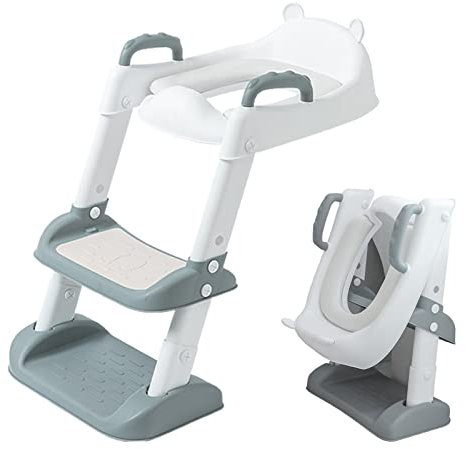 Toilettensitz Kinder mit Treppe, Armlehne und PU Gepolstert Toilettensitz,Rutschfester, höhenverstellbarer klappbarer Faltbar WC Trainer mit, für Kinder ab 1-7 Jahren(grau)