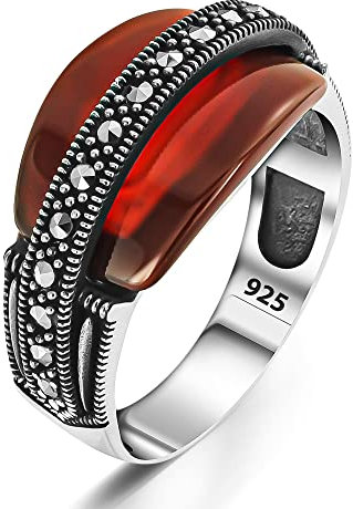 TAKILINGO Gestempelt aus massivem 925er Sterlingsilber Markasit und roter Achat Aqeeq Herrenring Türkischer handgefertigter Silberschmuck Geschenk für ihn (57)