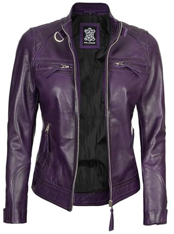 Blingsoul Lederjacke Frauen - Cafe Racer Rosa Und Lila Echtes Lammfell Damen Lederjacke, Diamond1 - Lila Jacke, M