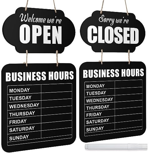 Tableau noir à suspendre en bois ouvert fermé double face pour porte de restaurant avec stylo effaçable pour fleuriste, café, magasin, restaurant (noir)