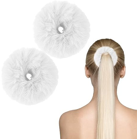 2 Stücke Weißes Pelziges Haar Scrunchies Bobbles Haarbänder Niedliche Seil Gummibänder Krawatten Für Mädchen Frauen Wristband Pferdeschwanz Halter Haarschmuck (Weiß)