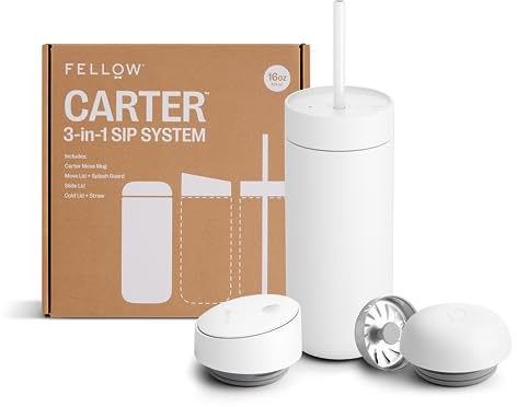 Fellow Carter 3-in-1 Travel Mug 16 oz, Ceramic Lined Coffee Cup, Leakproof | Vacuum-Insulated Stainless Steel Thermal Tumbler, Dishwasher Safe, Reusable Straw, Hot 12h Cold 24h, BPA-Free, Matte White