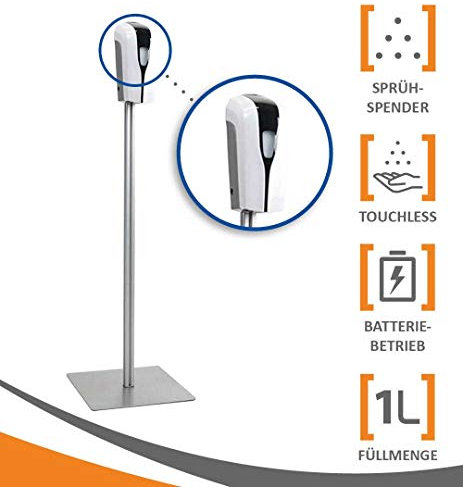 MyMaxxi | Mobiler Hand Desinfektionsmittelspender Station Sensor SHOP Spender Set 1x 1L Desinfektionsmittel stehend automatisch | touchless disinfection | Desinfektionsspender Standfuß