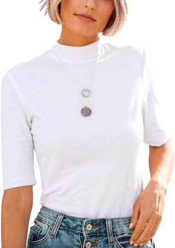 Dressmine Women's T-Shirts 3/4 Sleeve Tops Cotton Mock Turtle Neck Shirts Dressy Casual Fitted Half Sleeve Fall Outfits