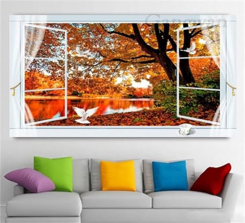 OKIKA DIY 5D Diamond Painting Kits, Herbstliche Red Leaf Lake Landschaft Full Drill Malen Nach Zahlen, Diamond Painting Set, Painting by Numbers Arts Craft for Home Wall Decor 12x24in