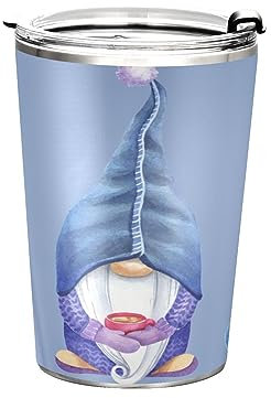 Anticsao Tres bonitos gnomos azules con tapa y popote, vaso de acero inoxidable aislado, taza de café de viaje de doble pared, tazas térmicas al vacío para bebidas calientes y frías, 12 onzas