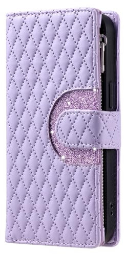 Unichthy For iPhone SE 2022 / iPhone SE 2020 / iPhone 8/7 Phone Purse Zipper Case Glitter for Women 9 Card Slots with Wrist Strap Shockproof Leather Flip Wallet Cover Handbag Zip Pocket Purse Purple