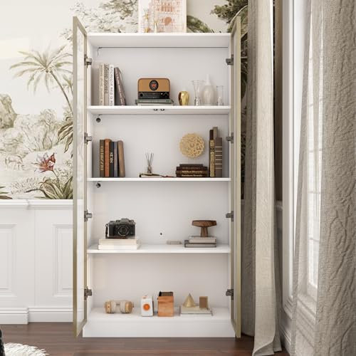 DEZAGCE Glasvitrine Vitrinenschrank mit Glastüren und Beleuchtung, Glasvitrine Stehend mit 4-stufigen Einlegeböden, Pop-up Design,Vitrine weiß,gehärtetes Glas (einzeln 40T x 160B x 80H cm