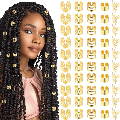 Tyqour Lot de 50 Pièces Bijoux Cheveux Tresse Doré, Bijoux de Cheveux, à Cheveux Dorées Pour Tresses, Accessoires Pour Dreadlocks, Accessoires Pour Dreadlocks, Pour Hommes, Femmes
