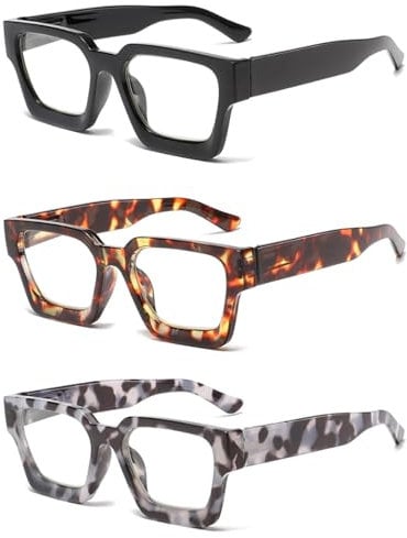 XOQ 3 Stueck Lesebrille Herren und Damen Quadratische Stilvoller großer Rahmen Computerbrille Blaulichtfilter Lesehilfe +2.5