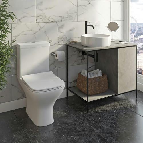 Mode Bergne Dark Concrete Grey Washstand with Black Steel Frame, countertop Basin, tap, Waste, Trap and Compact Toilet - Grey Vanity Unit Suite, Round Vanity Unit suites, Bathroom suites Reliable
