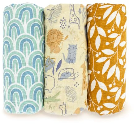 PEKEL'S Baumwoll-Baby-Wickeltücher (3er-Pack) - Weiche 100% Baumwoll-Wickeltücher, 120x110 cm - Mehrzweck-Wickeltücher für Neugeborene - Ideal für Kinderwagen, Kinderbett, Baby Gift (Beige-Blau)