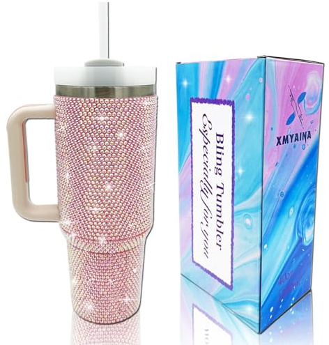 XMYAINA 40oz Bling Tumbler with Handle and Straw Lid Rhinestone Studded Tumbler Cups Vacuum Insulated Stainless Steel Double Wall Water Bottle Travel Mug Gifts for Women Her (Light Rose)