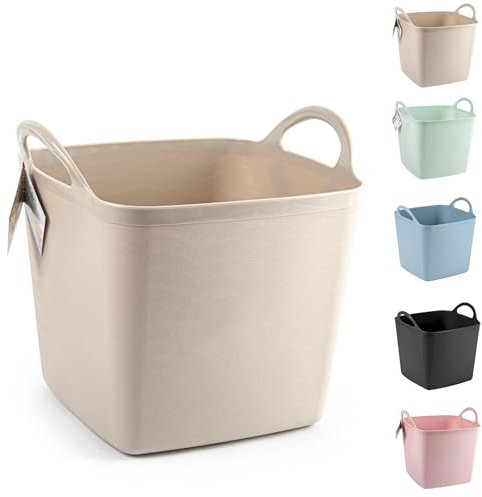Heavy Duty Plastic Flexi Tub Home Garden Flexible Storage Bucket Laundry Toys Kitchen Bucket, Rubble Container, 2-Handled Recycled Tub (16L - Taupe Flexi Tub)