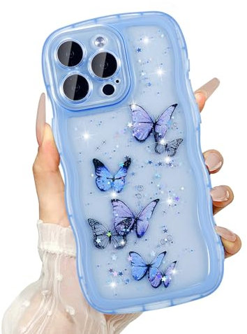 UEEBAI Wave Case for iPhone 11, Cute Bling Butterfly Case for Girl Women, Pretty Glitter Sparkle Stars, Clear Curvy Protective Shockproof Bumper Phone Cover - Blue