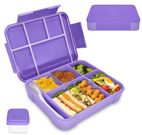 XJIANFU Brotdose Kinder mit Fächern,1300ml Auslaufsichere Bento-Box, Kinder-Lunchbox,Auslaufsicher Fächern,Jausenbox Brotbox für,Mädchen & Jungen,Mikrowelle/spülmaschinenfest(1300ML/Purple)